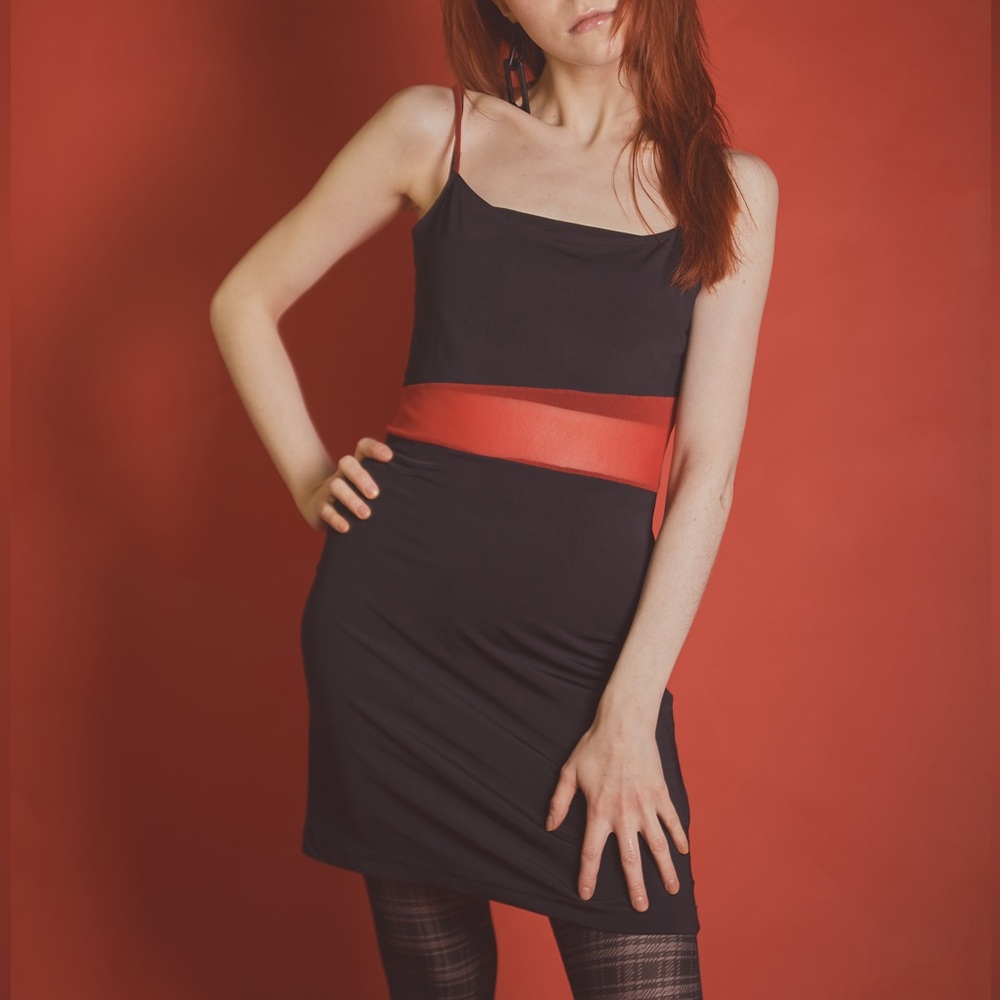 90s little black dress with red stripe